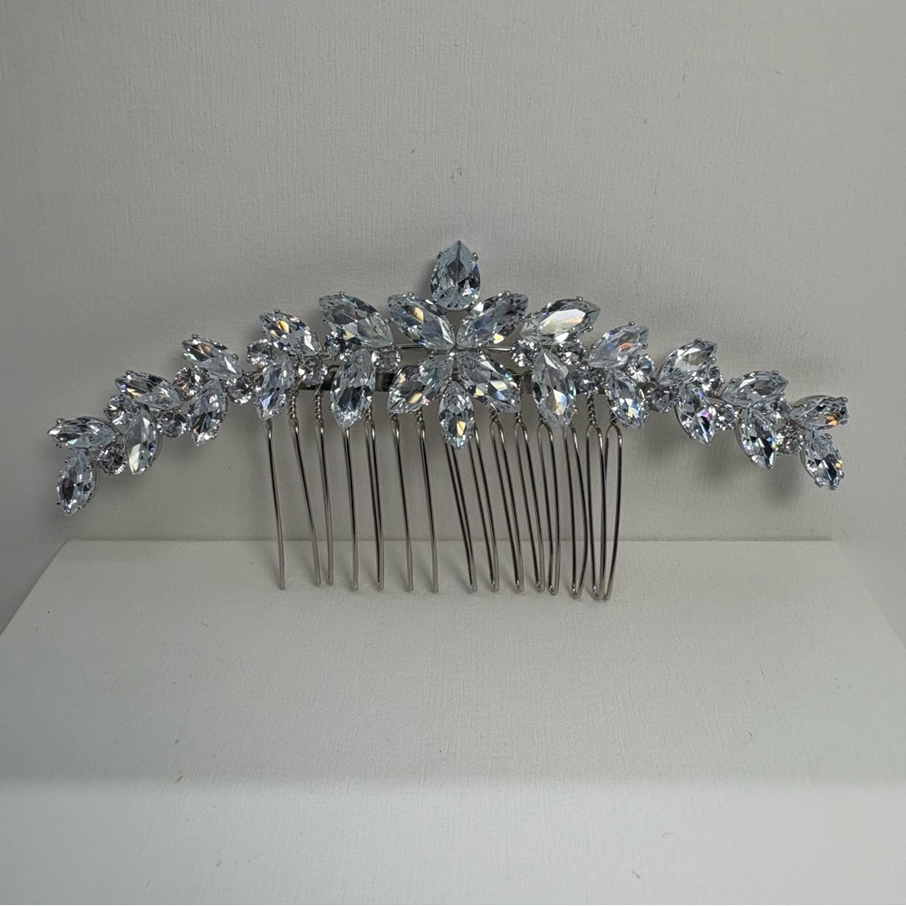 Silver Tone Floral Leaves CZ Bridal Hair Comb, Bridal Hair Accessories